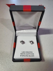 Lab Created White Sapphire Sterling Silver Stud Earrings - New in Box - Picture 1 of 3