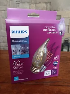 Philips Daylight 40W/3.3W Dimmable LED Bent Tip Candle Bulbs/Medium Base - Picture 1 of 9