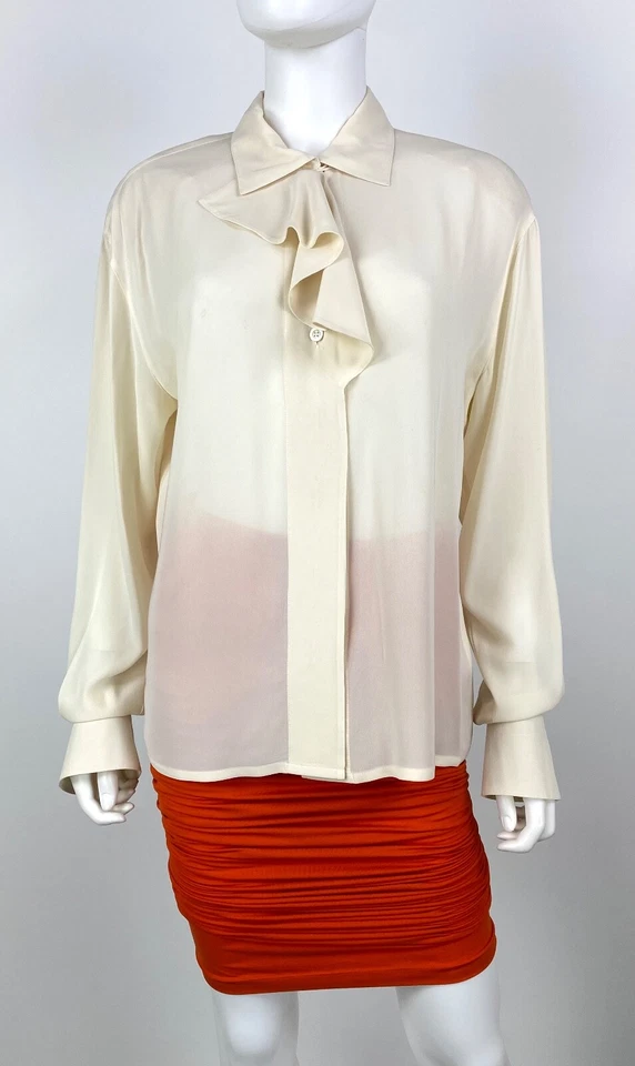 Escada 10 US 46 IT 40 D M Cream Silk Sheer Blouse Dress Top Button Runway Auth — 第 1/4 张图片