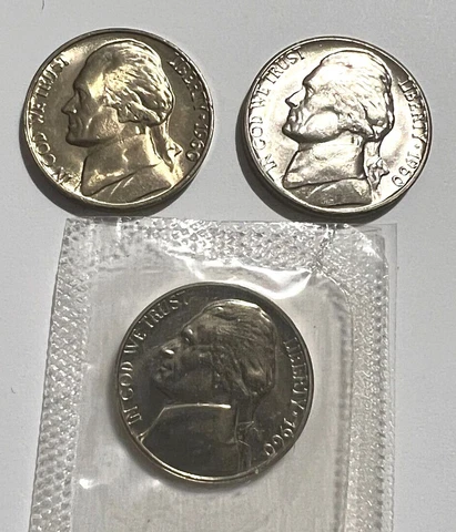 1960 P D  Jefferson Nickel  + 1960 Proof & BU   year SET (3 COINS) Cover