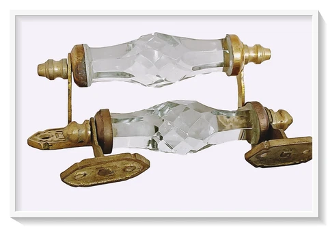 Pair Vntg Look Brass  Victorian Clear Cut Glass  Pull Push Door Drawer Handle 4" Cover