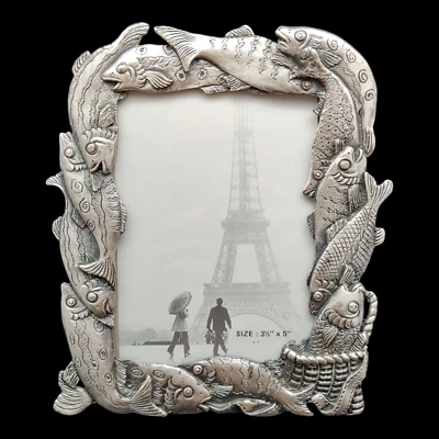 Embossed Pewter Fish Picture Frame - 3.5x5 vtg Silver Gray Metal Fishing - Image 1 of 4