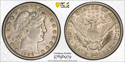 1906 BARBER HALF DOLLAR 50C PCGS AU 58 CAC - Image 1 of 3
