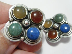 Large Vintage 80s Sterling Silver Jade Lapis Agate Carnelian Quatrefoil Earrings - Picture 1 of 5
