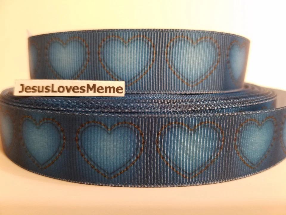 CLEARANCE Grosgrain Ribbon - 3 Yards $1.75 Blue Denim Hearts Stitching, 7/8" - Image 1 of 1
