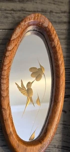Vintage Orpheus Kolibri Spiegel Wandbehang Holzrahmen oval goldfarben Vögel 7" - Bild 1 von 9