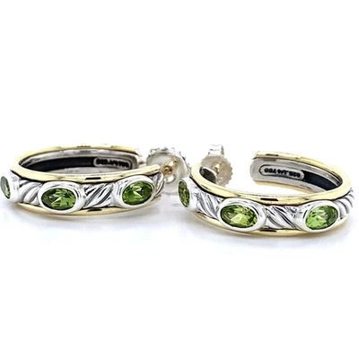 David Yurman Sterling Silver & 18K Yellow Gold Cable Rope Peridot Hoop Earrings - Image 1 of 4