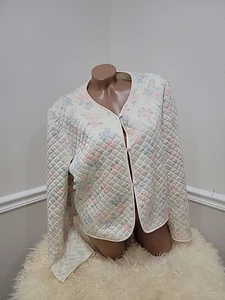 Vintage Shadowline Quilted White Satin Pastel Floral Bed Jacket Large - Picture 1 of 6