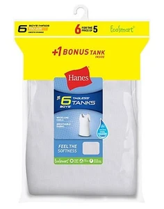 Hanes Boys' Tank A Shirt 6 Pack Underwear White EcoSmart Tagfree White XSmall - Picture 1 of 1