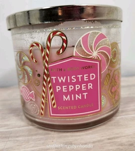 Bath & Body Works Twisted Peppermint 3 Wick Candle - Barely Lit 1 Time - Picture 1 of 3