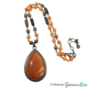 Bohemian Orange Resin & Wood Silver Tone Tribal Style Teardrop Pendant Necklace - Picture 1 of 10