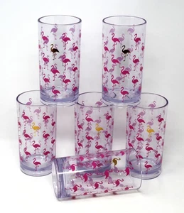 Set of 6 Pink Flamingo Tall Clear Acrylic Drinking Glasses Iced Tea High Ball - Picture 1 of 5