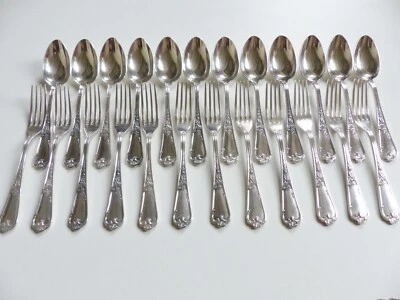 ERCUIS LOUIS XV 12 COUVERTS A ENTREMET / DESSERT métal argenté 24 pièces . - Photo 1/4