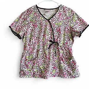 Sketchers Womens Scrub Top Pink Green Black XL Leopard Hearts Print Medical - Picture 1 of 7