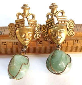 Castlecliff Larry Vrba Brass Jade Mayan Aztec Deity Clip On Caged Drop Earrings - Picture 1 of 5