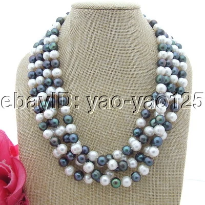 Collar de perlas redondas blancas negras S100609 20" 4 hilos 9-10 mm Foto 1 de 4