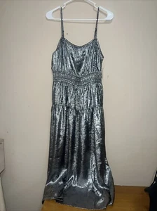Old Navy Womens Cami Midi Dress Silver Metallic Tiered Smocked Waist L NWT (233) - Picture 1 of 8