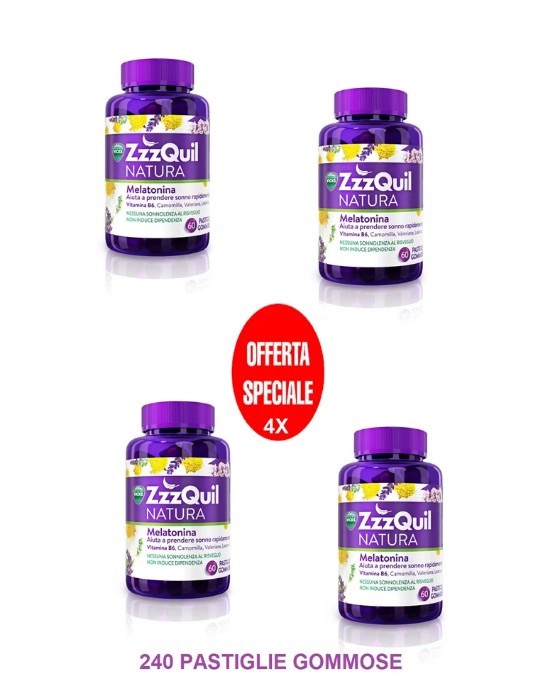 4X Vicks ZzzQuil Natura Integratore Alimentare 240 pastiglie gommose SONNO