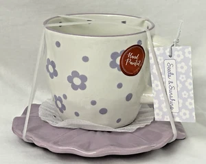 Purple White Daisy Teacup Figural Flower Saucer Set Polka Dots Spring - Picture 1 of 8
