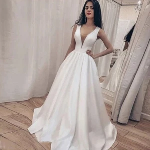 Satin White Wedding Dress V Neck A Line Sleeveless Corset Bridal Gown Plus Size - Picture 1 of 6