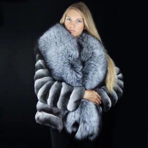 Women Real Chinchilla Rex Rabbit Fur Coat Jacket Fox Fur Collar Overcoat Outwear - Picture 1 of 7