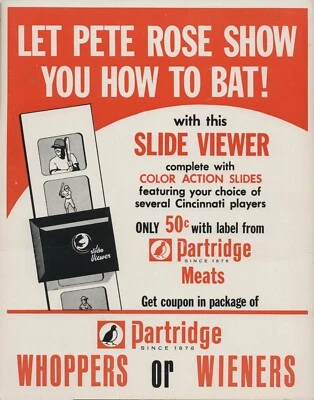 Raro letrero publicitario de béisbol perdiz Wieners Pete Rose Cincinnati Reds diapositiva Foto 1 de 3