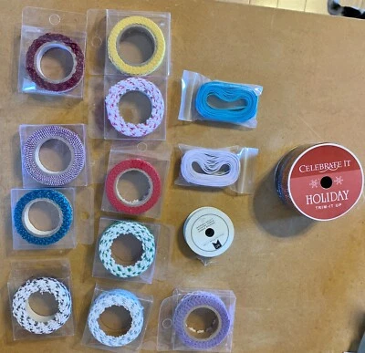 10 Diff Colors Adhesive Unique Crocheted Ribbon Spools +6 Diff Patterned Ribbons - Image 1 of 4