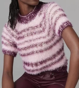 Pilcro Baby Sweater Womens Medium Short Sleeve Pink Striped Fuzzy Cozy - Picture 1 of 12