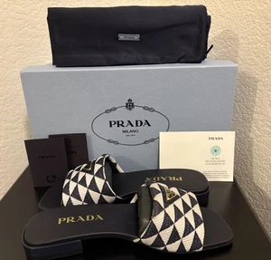 Prada Triangle Embroidered Calzature Donna Fabric Slides Size 37 Navy Blue - Picture 1 of 5