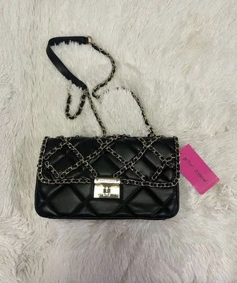 Bolso Bandolera Cartera Betsey Johnson Cuero Acolchado Negro Con Cadenas Doradas NUEVO Foto 1 de 2