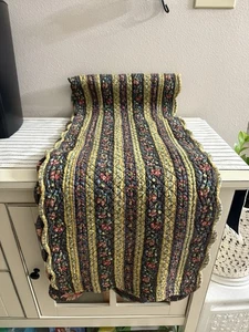 Vintage Floral Quilted Table Runner Reversible Flowers Stripes Black 13” x 70” - Picture 1 of 6