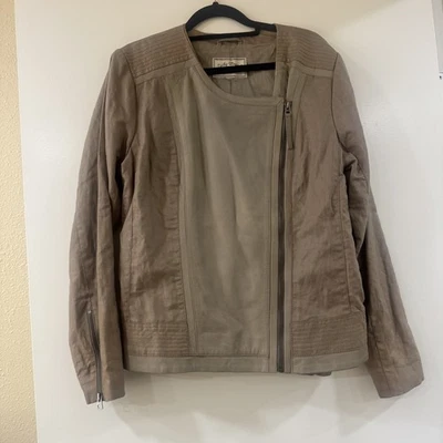 Chaqueta Lucky Brand Mujer Meidum Motociclista Moto Lino Cuero Cordero $500 Beige Grande Foto 1 de 4