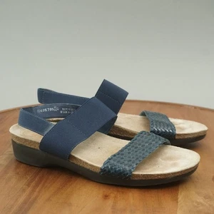 Munro Pisces Woven Strap Sandals Cork Footbed Blue Leather Elastic Size 8.5M - Picture 1 of 8