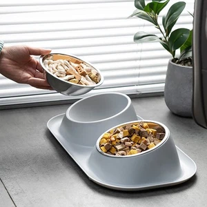 Cat Feeding Bowl Double Stainless Steel Bowls PP Stand Dog Food Water Feeder - Picture 1 of 19