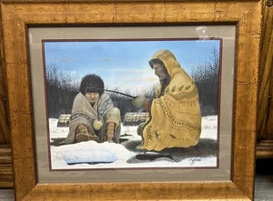 Litografía firmada por Donald Vann Ice Fishing impresión limitada 24/50 enmarcada vida navajo - Imagen 1 de 10