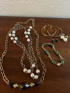 Vintage Jewelry Lot Mixed Metals Pearls Green Glass Beads Earrings Necklaces - Picture 1 of 13