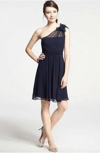 Ann Taylor Dress Georgette One Shoulder Size 4 Silk Navy Blue Bow Detail New NWT - Picture 1 of 10