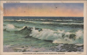 Lake Michigan aus Muskegon Michigan Flüsternde Wellen 1933 Leinen F175 - Bild 1 von 2