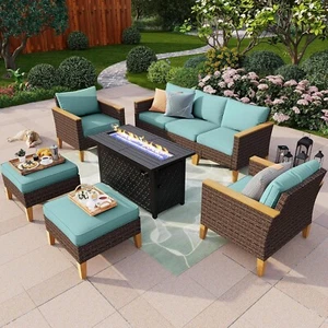 8 Pcs Patio Furniture Set Outdoor Conversation Set Rattan Sofa w/ Fire Pit Table - Picture 1 of 9