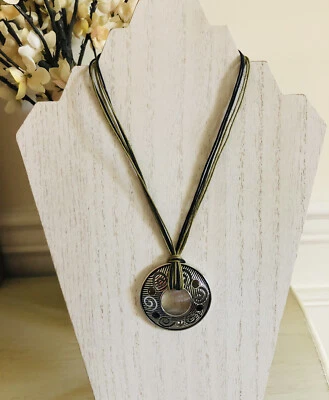 lia sophia corded Silver Crystal Round pendant choker necklace Amber Green Black - Image 1 of 4