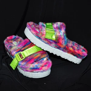 Sandalias UGG Fluffita Pixelate Zapatillas Talla 8 Verde Neón Correa Rosa Felpa - Imagen 1 de 10