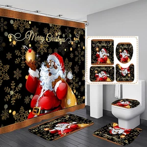 Christmas Black Santa Claus Shower Curtain Sets with Non Slip Rugs Toilet Lid Co - Picture 1 of 7