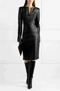 Women's Black Leather Dress 100% Real Lambskin V Neck Cocktail Party Dress - Picture 1 of 6