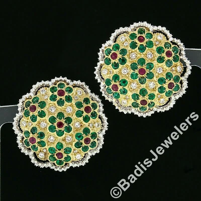 Estate 18k Gold Emerald Ruby Diamond Daisy Flower Large Colorful Button Earrings - Image 1 of 4