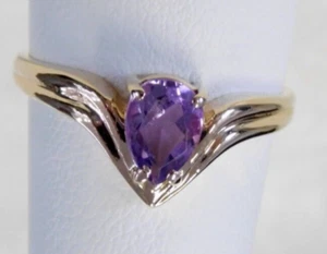 Ladies Simple 14KT Yellow Gold Beautiful Pear Amethyst Birthstone, 2.3 g S: 6.75 - Picture 1 of 9