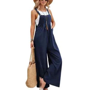 Womens Wide Leg Dungarees Jumpsuit Ladies Loose Casual Overalls Playsuit Rompers - Picture 1 of 30
