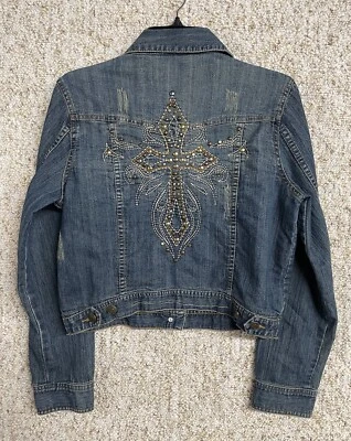 Chaqueta Jean Ivy Jane Para Mujer Talla Pequeña Denim Envejecido Bordada Tachonada Cruz Foto 1 de 4
