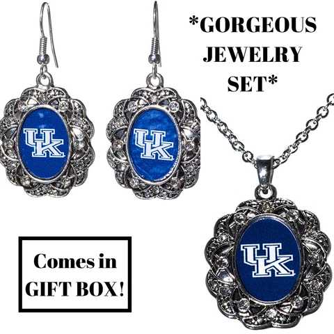 KENTUCKY WILDCATS Jewelry Set Necklace Earring Rhinestone Fan Gift Stocking NIP Cover
