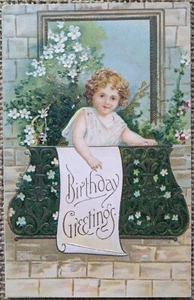 Angelic Child In Window Birthday Chromo Artist Drawn Stewart Woolf Postcard 1909 - Picture 1 of 3