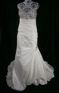 DaVinci Wedding Dress 10-12 Mermaid Ruched Satin Crystal Beaded Corset Bling - Picture 1 of 17